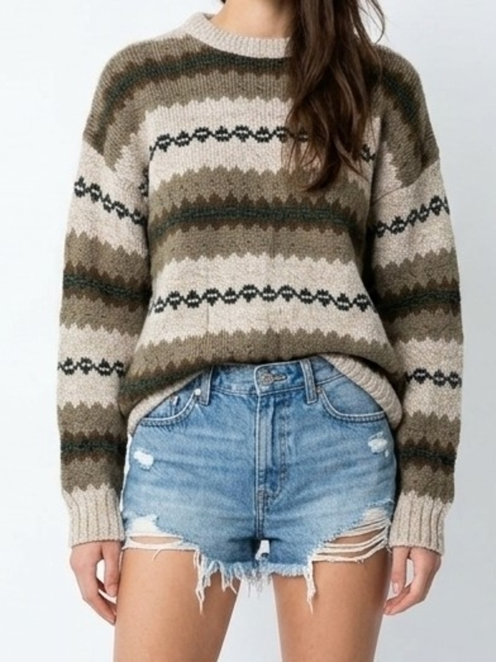 Vintage Abstract Geometric Patterned Knit Crewneck Sweater In Ivory/Olive Green
